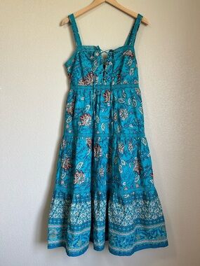 Turquoise Floral Lace-Up Midi Dress